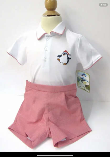 Willbeth White Red Penguin Holiday Short Set.