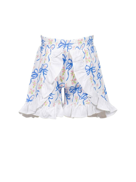 The PROPER PEONY PIMA GIRLS BLUE BLOSSOM BOWS RUFFLE SHORTS